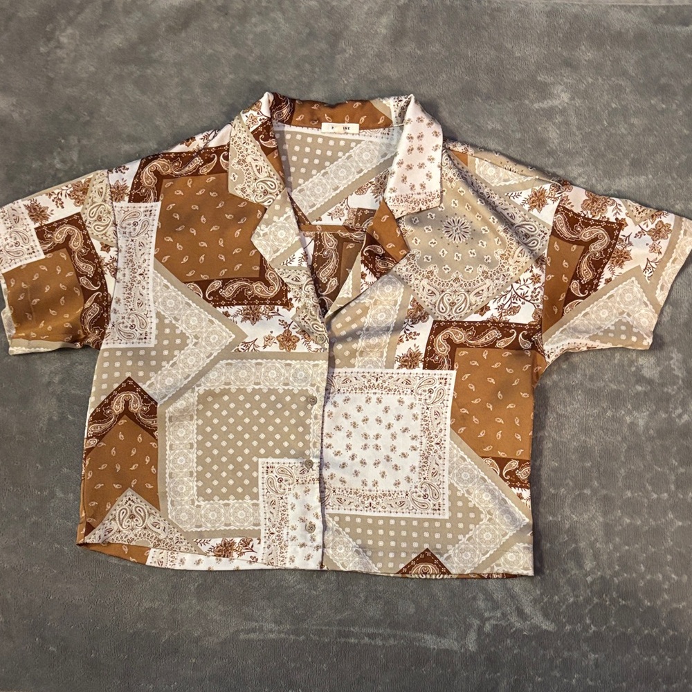 Pleione Tan and Cream Patterned Blouse